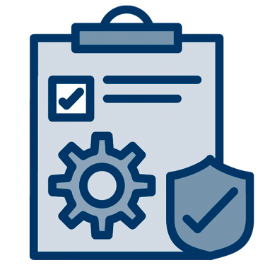 Graphic icon of a clipboard with a box checked, a cog, and a shield with a check mark to represent quality assurance services