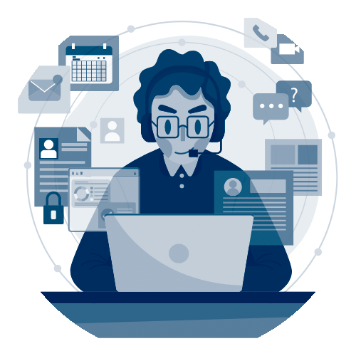Graphic of Person sitting at a computer, wearing a headset to perform specialty claim services with Acorn, with Icons around the person indicating job tasks, items, and actions related to the job.