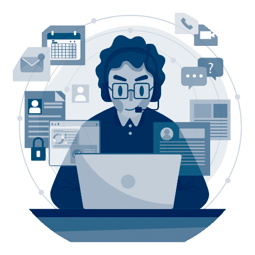 Graphic of Person sitting at a computer, wearing a headset to perform specialty claim services with Acorn, with Icons around the person indicating job tasks, items, and actions related to the job.