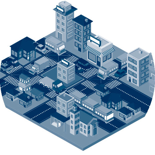 Graphic of a city overview with buildings, vehicles, and streets.