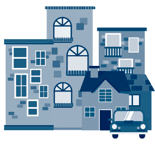 residential buildings with a vehicle parked in front