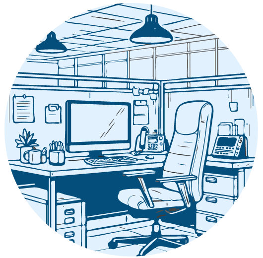 Sketched graphic showing an office setting with a desk, drawers and cubicle walls, a computer chair, a computer, and various office supplies scattered around the desk.